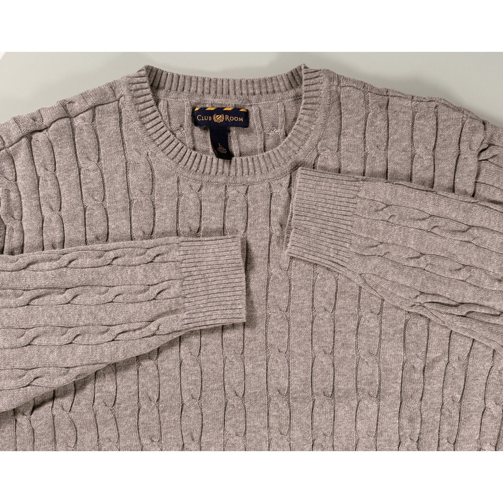 Club Room Cable Knit Sweater Mens LRG Gray Long Sleeve Cotton Crew Neck Preppy